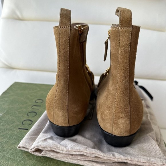 NEW GUCCI Tan Suede Chain-Link Ankle Boots Shoes Size 40 Cowboy Brown - Picture 8 of 10